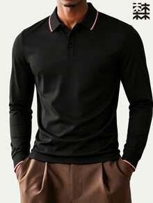Mulinsen Men's Contrast Color Webbing Collar Long Sleeve Polo Shirt, Black Smooth Skin-Friendly Fabric, Red And White Double Line Trim On Collar And Cuffs, Minimalist Commuter Style, Versatile Long Sleeve Top - Black - View 2
