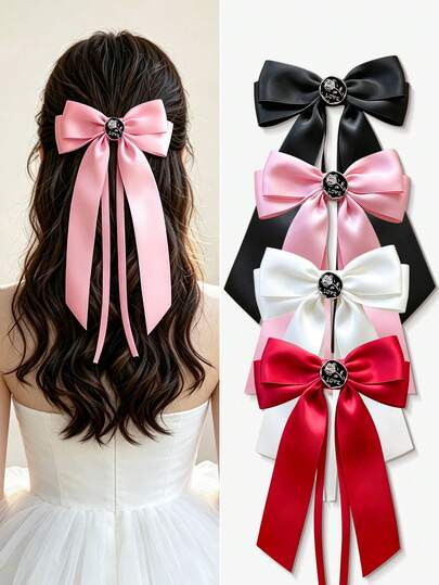 1/2/4 piezas/Juego de pinzas para el cabello con lazo de cinta de satén rosa vintage, accesorios para el cabello retro - Adecuado para niñas y mujeres, perfecto para uso diario y vacaciones