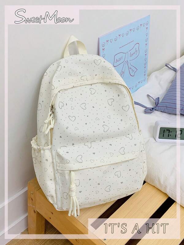 1pc Beige Nylon Casual Minimalist Heart Pattern All-Over Print Multi-Pocket Comfortable Shoulder Strap Zipper Closure Large Capacity Foldable Backpack (No Pendant) Suitable For Spring/Summer Back To School Season Hot-Selling Style For Students, Can Be Used For Campus, Commuting, Outdoor Travel, Also As Holiday Gift, Can Hold Books, Pencil Case, Makeup Bag, Makeup Box, Etc., Suitable For Home, Gift, Vacation
