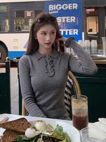 Sweater Rajut Lengan Panjang Kancing Kerah Polo Gaya Klasik untuk Wanita, Desain Musim Gugur/Dingin, Atasan Pelangsing - Grey - View 2
