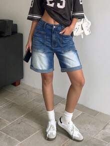 Women's Casual Straight Leg Denim Shorts, Bermuda Style, With Pockets And Button Details, Slight Stretch, Suitable For Daily Wear - Dark Wash - View 4