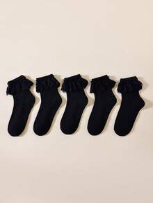 1/3/5 Pairs Women's Black Lace Ruffle Trim Short Socks, Soft Breathable Ribbed Knit Ruffle Mid-Calf Socks, Suitable For Daily Wear, Party, Cosplay, Vintage Ballet Core Lolita Princess Dress Socks - Black - View 6