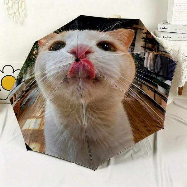 2D Printed Tongue-Out Cat Pattern Automatic Folding Umbrella, Internal Or External Print Option, Sun Protection, Portable Rain And Sun Umbrella, Daily Commute, Outdoor Travel, Photography, Unique Design, Umbrella, Suitable For Holiday Gifts, Creative Practical Item, Highly Attractive Eye-Catching Travel Gear