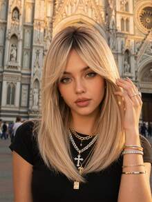 Topshe Ava WIGS 18英吋黑棕色長層次假髮附瀏海，柔軟易造型合成纖維髮，適合女性日常穿著、工作、度假，亦可作為萬聖節與聖誕節女性禮物 - 金色 - 查看 2