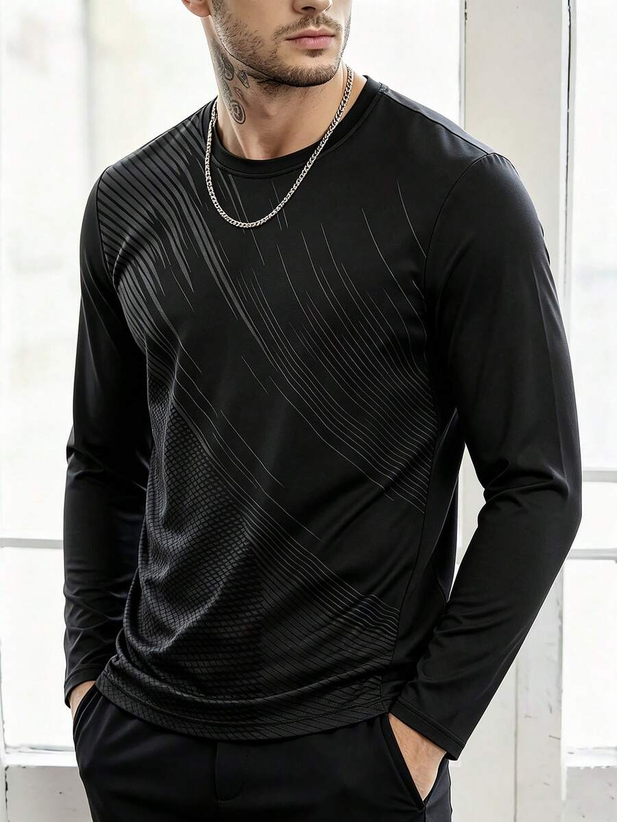 Men's Casual Long Sleeve Sports T-Shirt Top - Black - View 1