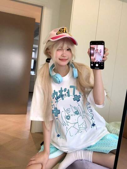 New Summer Z Generation Y2K Style Girls Fun Design Anime Girl Print Round Neck Short Sleeve T-Shirt