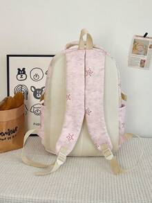3pcs Pink Nylon Casual Minimalist Star Pattern All-Over Print Comfortable Shoulder Strap Zipper Closure Multi-Pocket Large Capacity Foldable With Crossbody Strap Pencil Case Backpack Set, Suitable For Spring/Summer Hot-Selling Style, Ideal For Students, School, Commuting, Outdoor Travel, Back-To-School Gift, Can Hold Books, Pencil Case, Notebooks - Pink - View 6