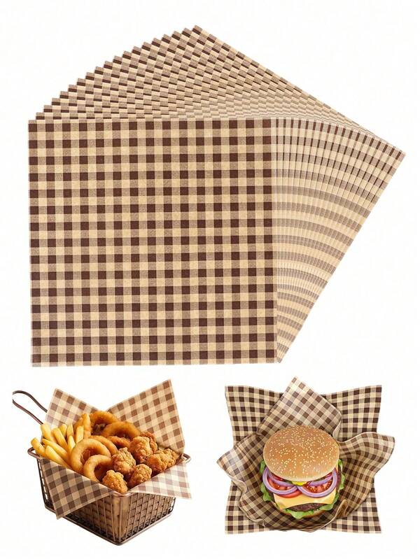 200/100/50 Sheets Brown Plaid Greaseproof Wax Paper, Suitable For Baking, Picnic, Bread Basket Liner, Sandwich, Cookie, Bread, Burger, Oil-Resistant Packaging