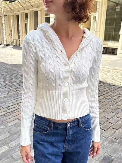 SEREN New Autumn Hooded Button-Down Long Sleeve Women's Knit Cardigan, Slim Fit, Casual, White Top, Cable Knit, Daily Wear, Back To School