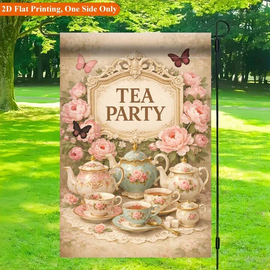 2D Flat Print Garden Flag 1pc, Tea Party Decor Garden Flag - Single-Sided Printed Outdoor Decoration, Suitable For Home And Garden, Holiday Decoration, Durable Polyester, 11.8X17.7 Inches, Flag Pole Not Included