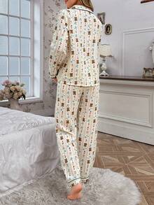 Women's Cream Textured Fabric Teddy Bear & Ditsy Floral Black Trim Notch Neck Long Sleeve Straight Leg Pants 2 Pieces Pajama Set - Multicolor - View 5