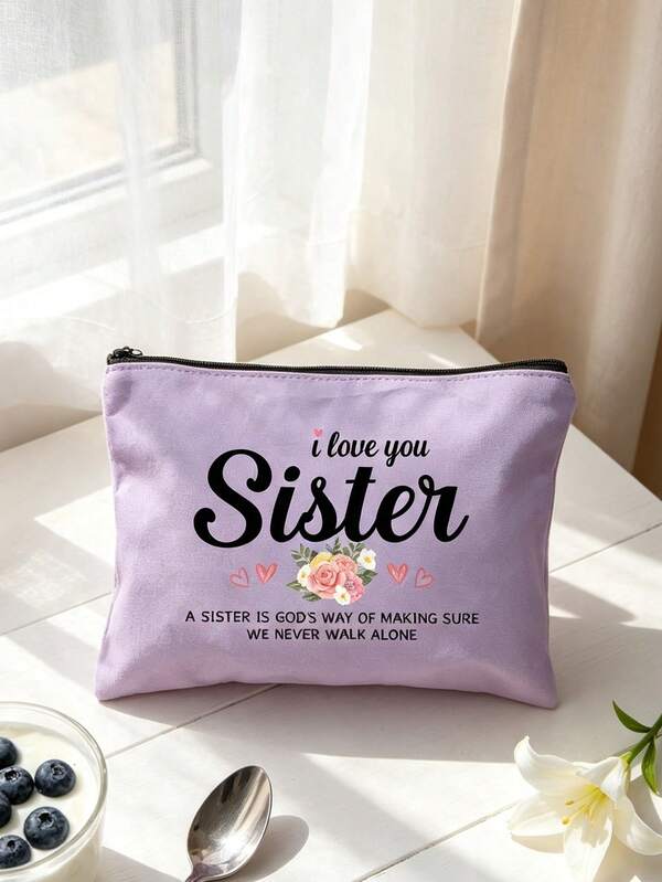 "I Love You Sister" Pattern Makeup Bag, Durable Zipper Storage Bag, Multifunctional Coin Purse, Portable Travel Organizer, Unisex, Lightweight Cosmetic And Toiletry Storage Bag, Travel Accessory, Suitable For Shopping, Travel, Vacation, Business, Fitness, Camping And Outdoor Activities, Used For Organizing Cosmetics, Brushes, Accessories, Perfect Gift For Mom, Sister, Ideal Choice For Birthday Gift, Back To School Gift, Teacher's Day Gift And Travel Accessory