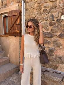 Senshine Women's New Sleeveless T-Shirt And Casual Pants Set, Casual Vacation Style, Minimalist Hollow-Out Top Basic Fit With Pants 2-Piece Set Summer - Apricot - View 7
