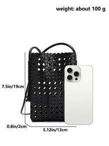 Women's Fashion Faux Woven Hollow Out Solid Color Phone Bag, Lightweight Vacation Beach Crossbody Bag - Black - View 6