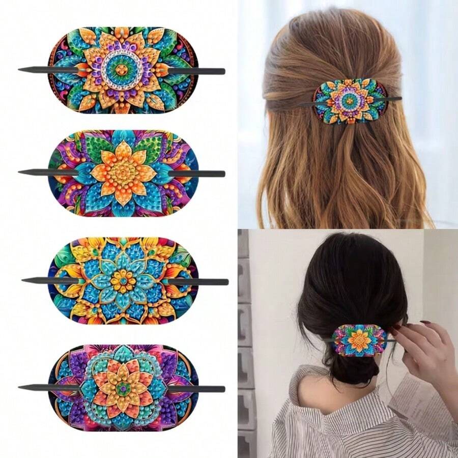 4pcs Diamond Art Painting Kit - DIY Mandala Flower Hair Clip Set, Special Shape Diamond Art Craft Kit, Colorful Floral Mosaic Handmade Crafts, Suitable For Festivals, Daily Wear And Parties - View 1