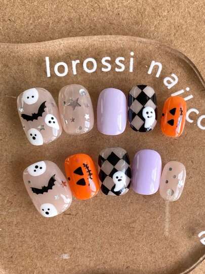 Halloween Checkerboard Bat Ghost Pumpkin Wearable Nails, Nude Lavender With Silver Star Accents Short Square Fake Nails, Suitable For Daily And Party Use Nail Stickers