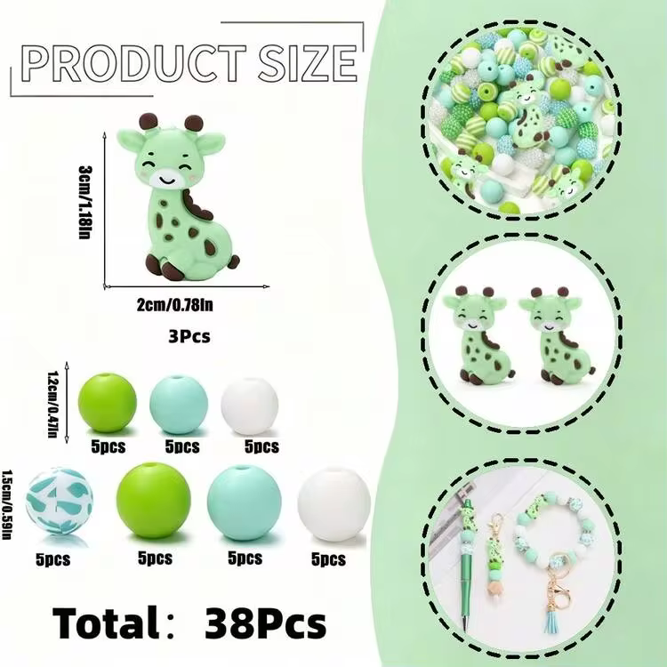 38Pcs Green Giraffe Silicone Beads Set, DIY Creative Bracelet, Necklace, Backpack Pendant And Other Handicrafts - Green Tones - View 10