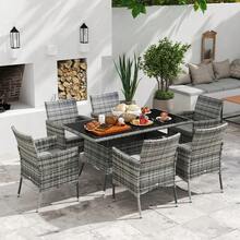 6 Seater Rattan Dining Set Garden Furniture Set, 7 Piece Outdoor Patio Table And Chairs Set With Cushions, PE Wicker Armchairs And Rectangular Table, Grey - Grey - View 1