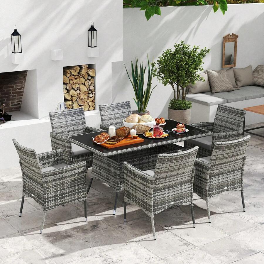 6 Seater Rattan Dining Set Garden Furniture Set, 7 Piece Outdoor Patio Table And Chairs Set With Cushions, PE Wicker Armchairs And Rectangular Table, Grey - Grey - View 1