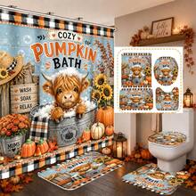 1pc/4pcs Bubble Bath Highland Cow Funny Sunflower Pumpkin Plaid Autumn Decor Multi-Functional Bathroom Decor Shower Curtain Set, Free 12 Hooks, Premium Holiday Atmosphere, Bathroom Mat, U-Shaped Rug And Round Toilet Lid Cover, Suitable For Autumn Harvest All Occasions - Highland Cow Bubble Bath - View 1