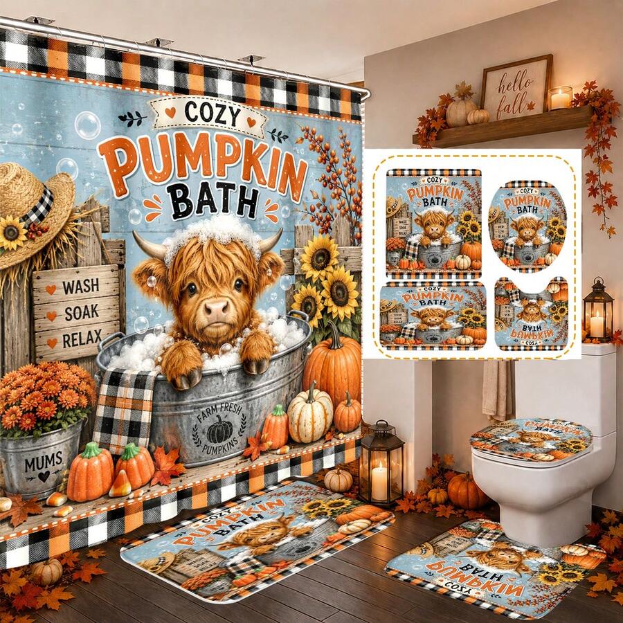 1pc/4pcs Bubble Bath Highland Cow Funny Sunflower Pumpkin Plaid Autumn Decor Multi-Functional Bathroom Decor Shower Curtain Set, Free 12 Hooks, Premium Holiday Atmosphere, Bathroom Mat, U-Shaped Rug And Round Toilet Lid Cover, Suitable For Autumn Harvest All Occasions - Highland Cow Bubble Bath - View 1