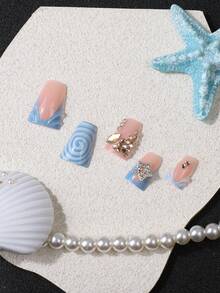 24pcs 3D Duck Foot Square French Press-On Nails, Light Blue Swirl Star Rhinestone Design, Sweet Cool Y2K Style Fake Nails, Suitable For Daily Commute, Date, Party, Includes Nail File + Jelly Glue - Mint Green - View 3