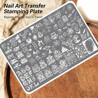 1pc Halloween Nail Art Transfer Plate, Pumpkin Ghost And Bat Patterns, Paired With Spider Web Witch Hat And Black Cat, Also Skeleton Castle And Letter Elements, Can Print Rich Holiday Styles, Smooth Plate Edges Won't Hurt Hands, Clear Patterns Easy To Transfer, Beginners Can Quickly Get Started, One Set Includes Multiple Sizes And Specifications, Meeting Full Nail And Accent Needs, Easily Transfer Images With Printing Oil, Finished Product Exquisite And Interesting, Suitable For Daily Wear, Halloween Party, Salon Creation, A Thoughtful Gift For Nail Art Enthusiasts, Let Creativity Bloom On Fingertips