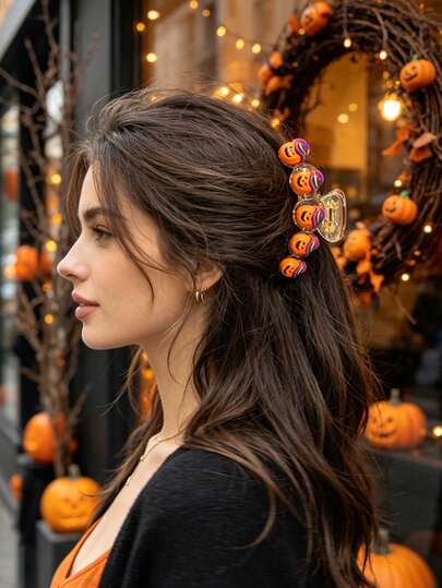 3/1pc Women's Novelty Halloween Hair Claw - Resin Hair Clips With Ghost, Skull And Pumpkin Lantern Patterns, Cute Spooky Y2K Hair Accessories For Halloween Outfits