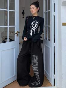 American Style Letter Print Casual Loose Wide Leg Drapey Lazy Drawstring Long Pants - Black - View 3