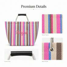 (Custom) Personalized Embroidered Minimalist Striped Canvas Tote Bag, Original Niche Versatile Commuter Large Capacity Handbag Shoulder Bag For Students - Multicolor - View 6