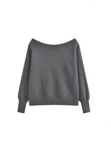 American Vintage Off-Shoulder Long Sleeve Knit Sweater, Loose Slouchy Casual Versatile Off-Shoulder Top For Women, Autumn/Winter - Dark Grey - View 6