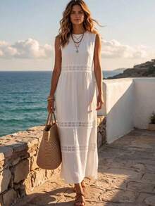 Sommer elegantes romantisches Vintage literarisches süßes Boho Damen ärmelloses langes Kleid mit Spitzen-Patchwork und Rundhalsausschnitt, lässiges Kleid für Pendeln, Urlaub, Feiertage, Partys und Ausflüge, Spitzen-Patchwork-Design, Hochzeitsfeier, Strandparty, romantisches Damen-Spitzen-Hohlkleid, weißes Kleid, lässige Kleider für Frauen, Leinenkleid, Sommerkleid - Weiss - Übersicht 3