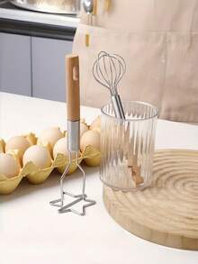 1pc/2pcs Kitchen Cream Whisk Flour Mixer Multi-Functional Wooden Handle Masher Baking Tool Set - Multicolor - View 6