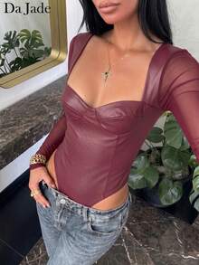 女款秋季優雅Y2K方領人造皮革網紗長袖緊身胸衣連身衣，修身抓皺設計，適合度假、聖誕派對、嘉年華穿搭 - 酒紅色 - 查看 1