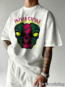Men's Vintage Street Style Invasion Alien Skull Print Oversized T-Shirt, Casual Loose Crew Neck Short Sleeve Summer Tops Suitable For Daily Casual, Go - White - View 1