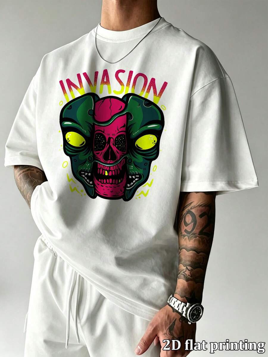 Men's Vintage Street Style Invasion Alien Skull Print Oversized T-Shirt, Casual Loose Crew Neck Short Sleeve Summer Tops Suitable For Daily Casual, Go - White - View 1
