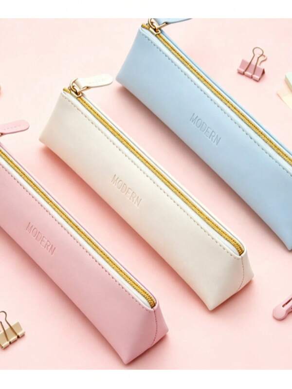 Slim PU Leather Pencil Case With Embossed Zipper Storage Bag, Portable Stationery Organizer, Suitable For Students, Office, Work, School Supplies, Modern Minimalist Design, 3 Colors Available