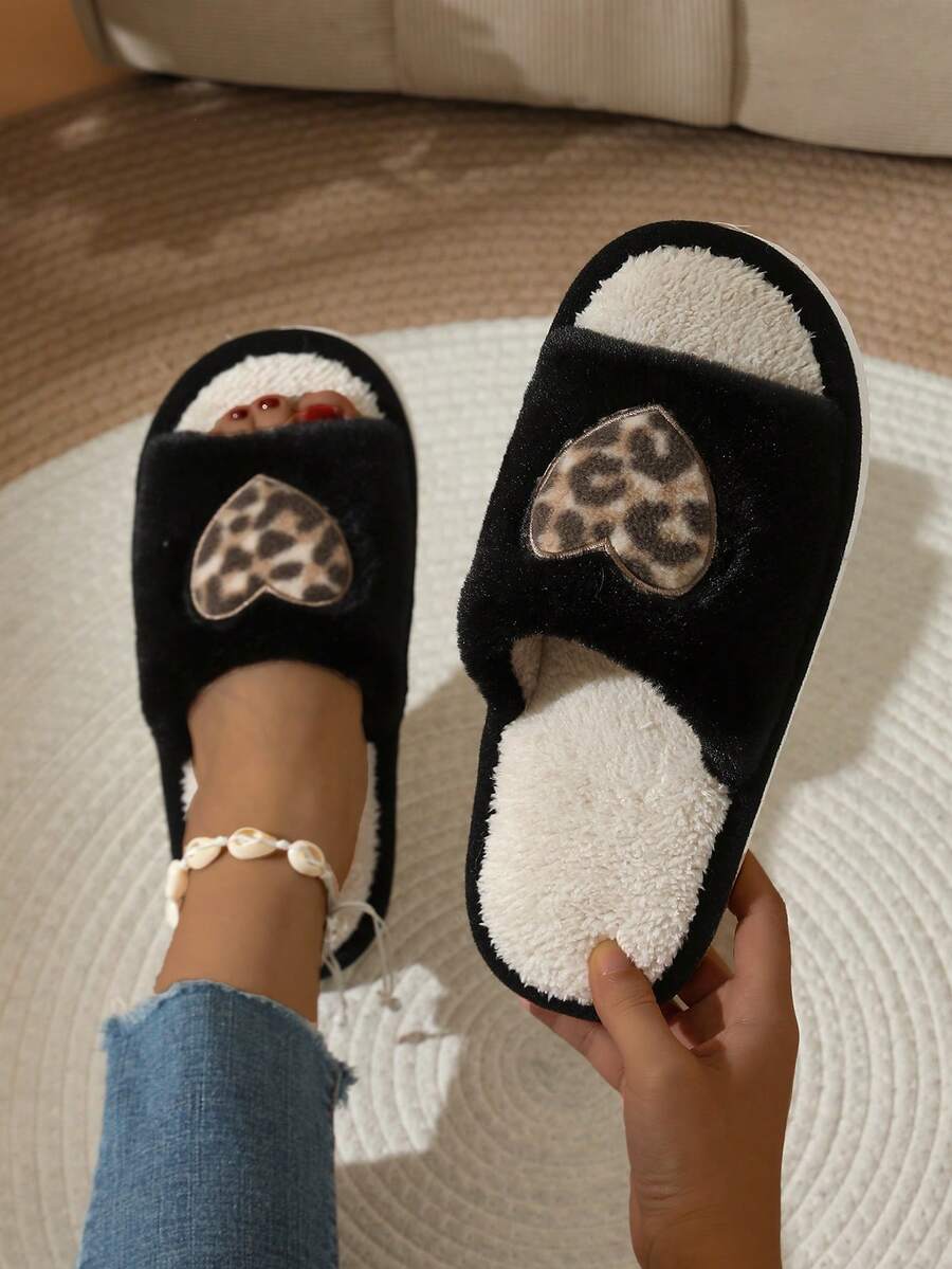 Women's Fuzzy Slippers, Heart & Leopard Print, New Open Toe Indoor/Outdoor Home Fashion Shoes, Autumn/Winter - Black - View 1