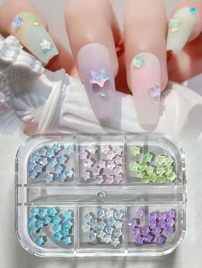 6-Grid 6-Color Mocha Star-Shaped Flat-Back Shiny Crystal Nail Art Gems, Macaron-Colored Nail Decoration Accessories,Suitable For DIY Nail Art Creation, Craft Nailart Supplies, And Nail Art Embellishments.