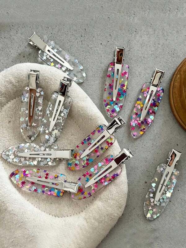 4pcs Laser Star Moon Heart Resin Alligator Hair Clips_Transparent Glitter Water Drop Clips_Y2K_Cute Girl Side Bangs Clips_Daily Sweet Girl Versatile Hair Accessories Suitable For Everyday Use
