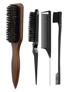 5pcs Wooden Hairbrush And Rat Tail Comb Set – Made Of Soft Bristles, ABS And Natural Wood – Smooths Hair, Detangles – Perfect For Daily Care, Salon Styling, Back To School And Travel - Multicolor - View 28
