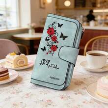 Rose & Butterfly Embroidered Women's Long Wallet Pink Faux Suede Clutch Purse With Wristlet Strap Zipper Card Holder Romantic Gift, Small Wallet - Multicolor - View 8
