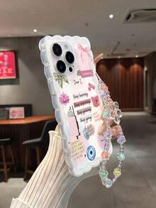 1pc Positive Energy English Quote Life Illustration Collage Pattern Flexible TPU Anti-Fingerprint Soft Material Cream Wavy Edge Full Coverage Phone Case With Transparent Flower Beaded Lanyard, Compatible With All Apple Phone Models, Artistic Daily Versatile Niche Style - Multicolor - View 6