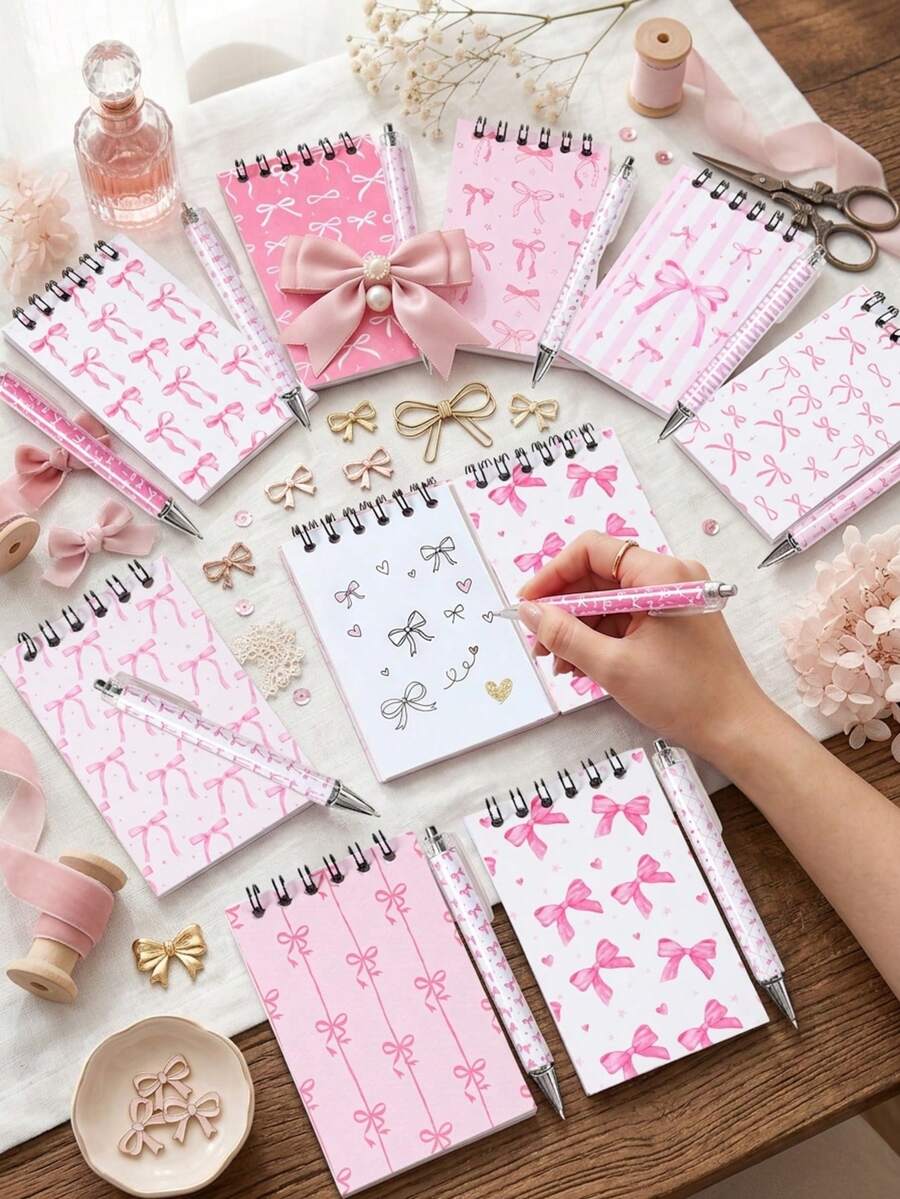 1/4/8pcs White And Pink Bow Notebook & Diary Set, Cute Bow Pocket Notebook (10cm) And Pen (14cm) Set, Bow Theme Party Gift, Birth, First Day Of School