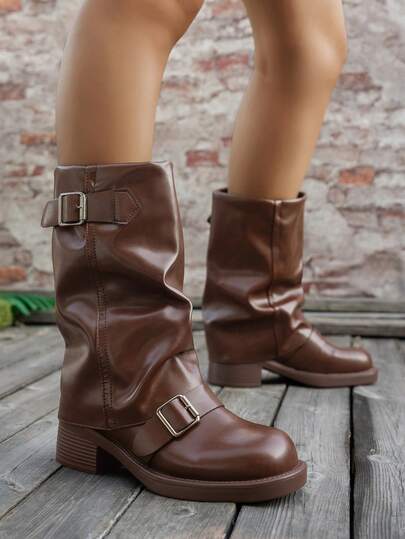 1 Pasang Sepatu Bot Ankle Bergaya Barat dengan Gesper, Cocok dengan Atasan untuk Liburan, Sepatu Bot Ankle Wanita Hitam Bergaya, Desain Gesper Baru, Pasar Eropa dan Amerika, Sol Tebal Hak Tebal, Ringan, Sepatu Bot Lipit Gaya Barat Musim Gugur/Dingin, Sepatu Bot Motor Vintage, Cokelat, Pas Ramping