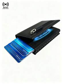 RFID Blocking PU Leather Men's Wallet Pop Up Card Holder Slim Trifold Smart Wallet With Zipper Coin Pocket Magnetic Closure Credit Card Case - Black - View 1