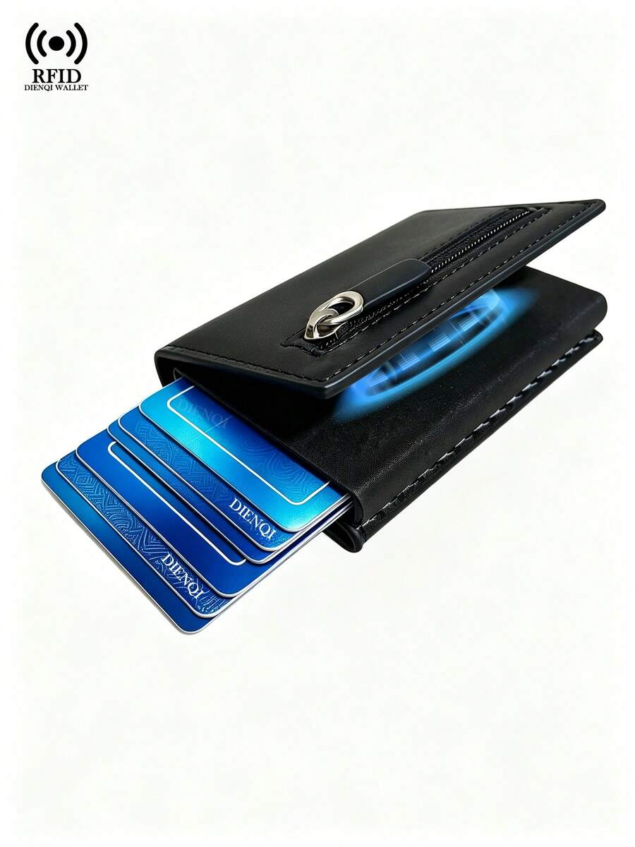 RFID Blocking PU Leather Men's Wallet Pop Up Card Holder Slim Trifold Smart Wallet With Zipper Coin Pocket Magnetic Closure Credit Card Case - Black - View 1