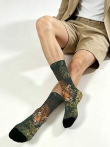 1 Pair Vintage Forest Jungle Tiger & Green Plant Illustration All-Over Print Mid-Calf Socks, Unisex Couple Socks For Travel, Black Reinforced Wear-Resistant Toe, Breathable Skin-Friendly High Elastic, Suitable For Denim Shorts, Cargo Pants, Dress Pants, Loafers, Slippers, Casual Commute Campus Student Socks, Beach Vacation Outfit, Outdoor Outing, Summer Party Gift, Random Print Position - Multicolor - View 5