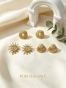 French Ins Style College Girl Gentle Soft Multi-Style Stud Earrings, Glossy Twisted Rope Wreath, Spiral Sun, Scallop, Polished Metal Texture, Daily Luxury Jewelry Comfortable For All-Day School Wear, Accessories Can Be Worn Individually Or Paired With Necklace, Bracelet, Pendant For Affordable Outfit, Suitable For Beach Vacation, Campus Daily, Wedding Banquet, Back To School Season Gift, Wedding Season Gift - Multicolor - View 9