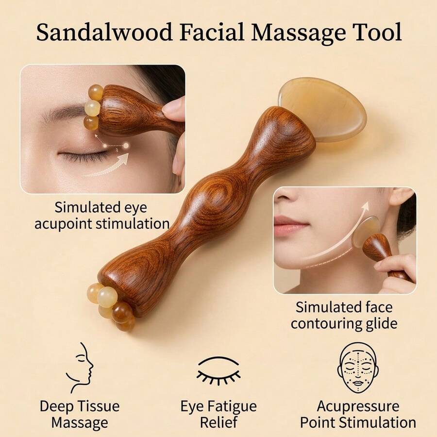Sandalwood Facial Massage Tool Gua Sha Scraping Stick Pressure Point Device With Three Prong Lotus Head Design For Daily Skin Care - Rust Brown - View 1